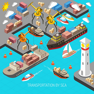 海运物流与集装箱承运人货物等距矢量图海运插画
