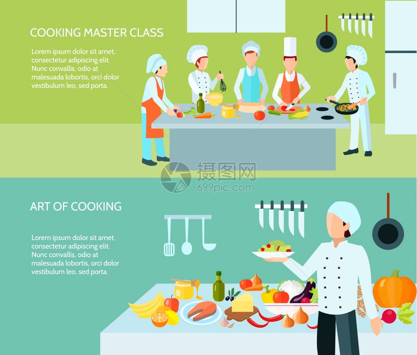 烹饪艺术横幅套烹饪大师烹饪艺术平彩色横幅矢量插图图片