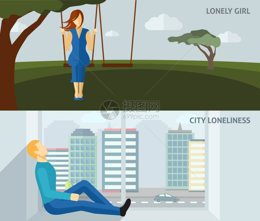 孤独的人平横横幅悲伤的女孩摆男人独自坐家里矢量插图孤独的人横幅图片