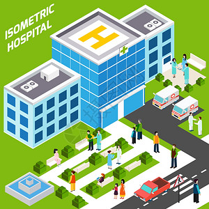 医院建筑等距与三维医务人员景观象矢量插图医院大楼等距图片