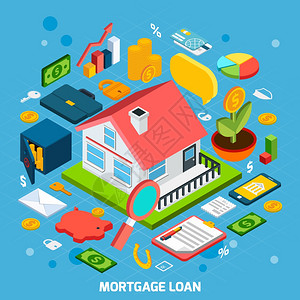 抵押贷款与等距房屋银行图标矢量插图抵押贷款图片