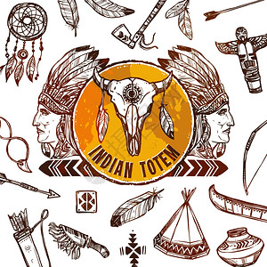 印度牛美洲土著人背景与草图印度首席轮廓矢量插图美洲土著人的背景插画