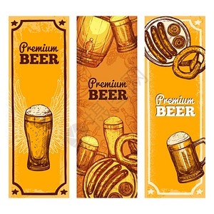 啤酒横幅垂直与手绘饮料眼镜零食隔离矢量插图啤酒横幅垂直图片