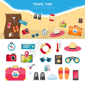 暑假旅游图标暑假海上度假旅游与平图标矢量插图背景图片