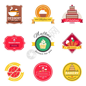 糖果包店平标志套装糖果咖啡馆包店标志与文字标志平标签矢量插图图片