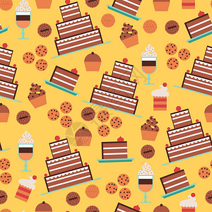 糖果无缝图案糖果蛋糕无缝图案与甜点饼干黄色背景平矢量插图背景图片