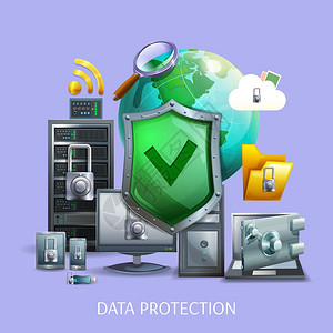 数据保护数据保护存储与笔记本电脑智能手机紫罗兰背景卡通矢量插图图片