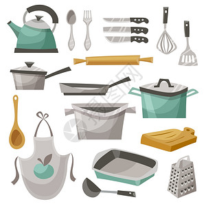 厨房用品图标厨房用品图标围裙煎锅茶壶平隔离矢量插图图片