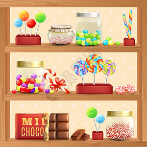 糖罐子甜商店货架与糖果巧克力棒棒糖矢量插图甜蜜的商店货架插画