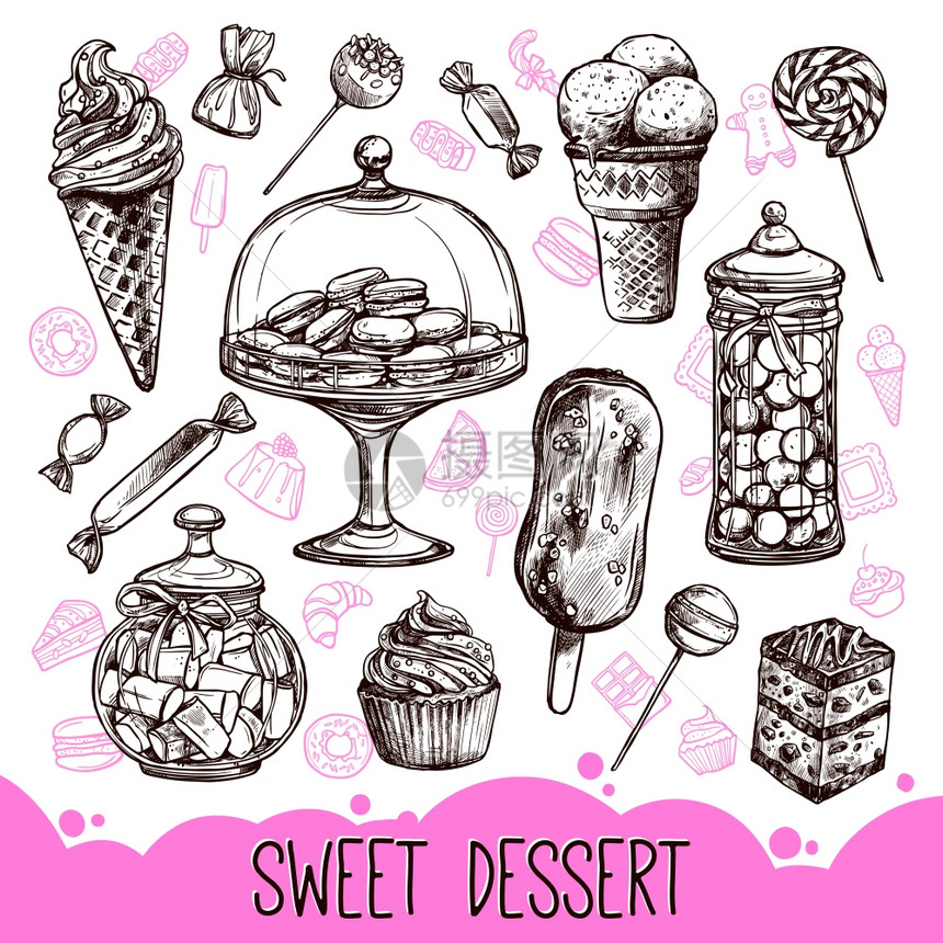 甜甜点与手绘纸杯蛋糕糖果马卡龙矢量插图甜甜点套装图片