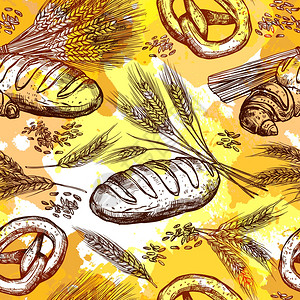椒盐鸭舌小麦包产品无缝图案手绘矢量插图小麦无缝图案插画