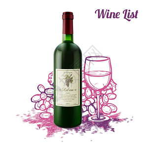 葡萄酒素描与现实瓶素描葡萄背景矢量插图葡萄酒素描的图片