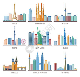 迪拜城市城市天际线图标城市天际线图标世界各地埃菲尔铁塔自由女神像平孤立矢量插图插画