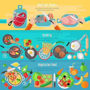 家庭烹饪平横幅健康素食菜肴肉鱼家禽家庭烹饪平横幅抽象孤立矢量插图图片