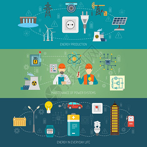 能源电力系统平横幅能源生产传输维护国内电力系统水平平横幅抽象矢量孤立插图背景图片