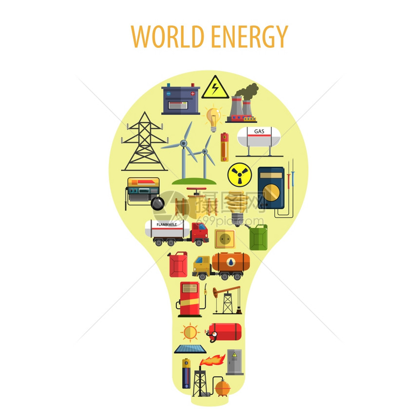 世界能源灯的世界能源动力灯与风车电池加油站平矢量插图图片