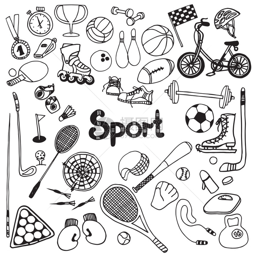 涂鸦运动设备足球计时器健身权矢量插图涂鸦运动套装图片