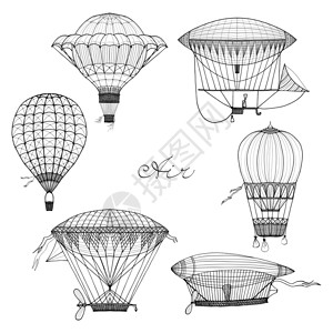 老式气球飞艇涂鸦孤立矢量插图气球飞艇涂鸦套装图片