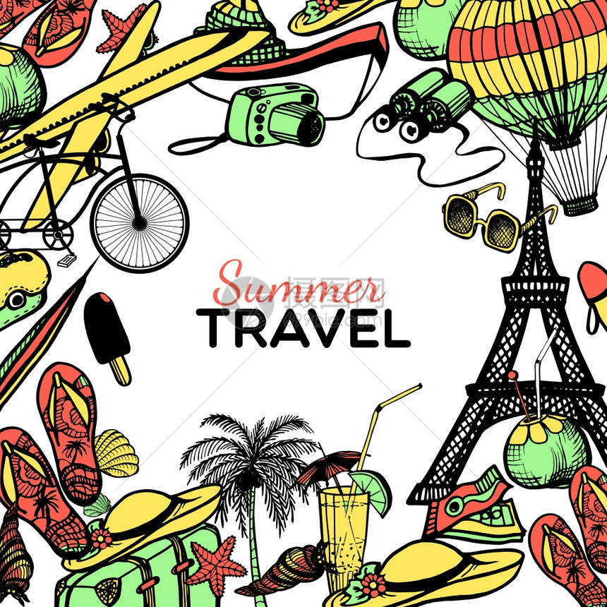 旅行涂鸦框架与假日符号手绘矢量插图旅行涂鸦框架图片