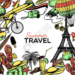 旅行涂鸦框架与假日符号手绘矢量插图旅行涂鸦框架图片