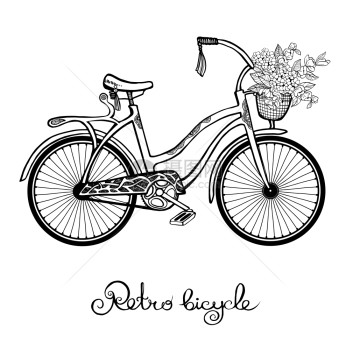 手绘复古自行车与花篮隔离白色背景矢量插图带花的复古自行车图片