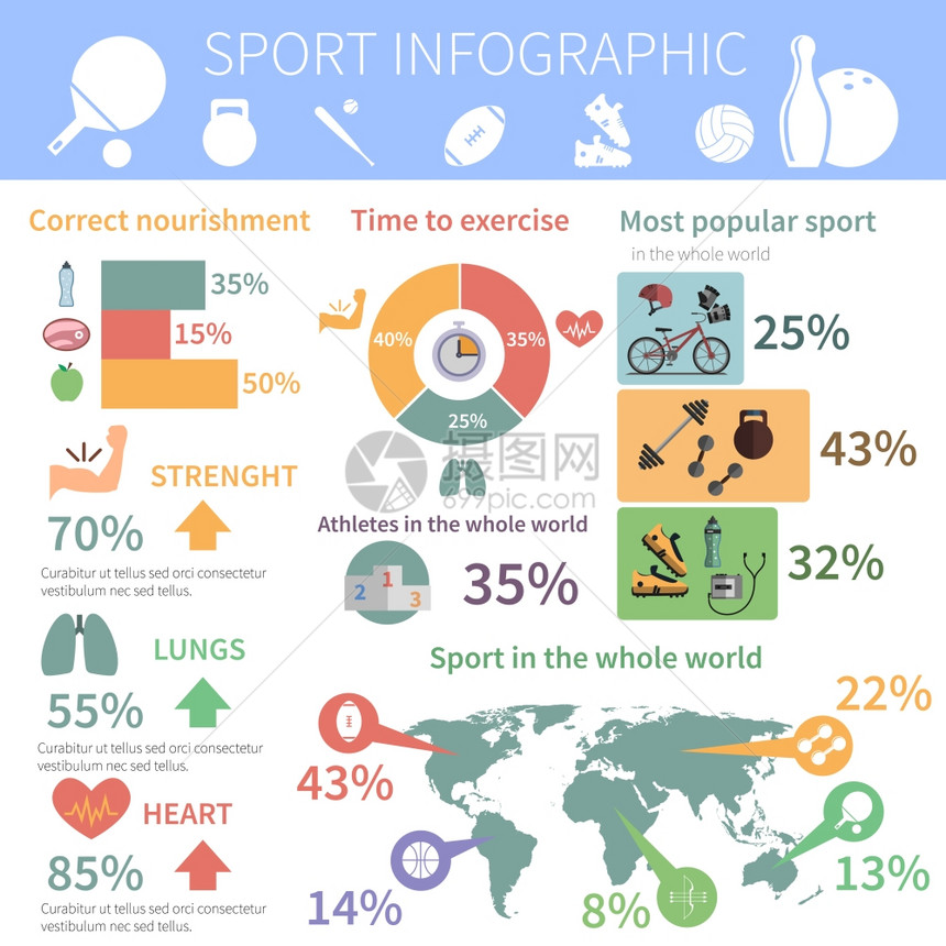 最受欢迎的世界体育信息图表报告与营养提示运动员建议演示打印抽象矢量插图流行的体育信息图表报告打印图片