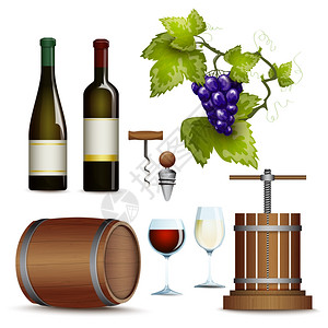 葡萄酒生产葡萄酒图标收集平传统酒庄生产用葡萄压榨红酒瓶平图标收集抽象矢量插图插画