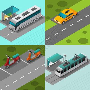 公共交通集与等距车辆停止孤立矢量插图公共交通设施图片