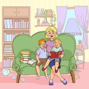 家庭阅读卡通插图妈妈带着孩子看书,家庭休闲,卡通,彩色颜料,矢量插图图片