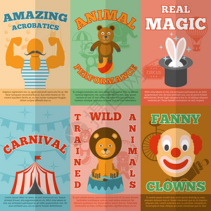 马戏平图标构图海报惊人的旅行马戏魔术表演公告平图标成横幅与滑稽小丑抽象矢量孤立插图背景图片