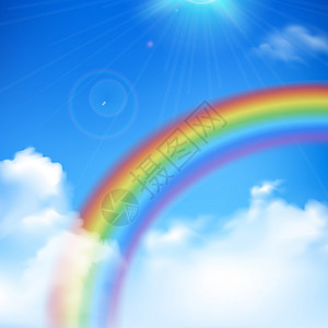 彩虹背景插图彩虹阳光真实背景与云蓝天矢量插图图片