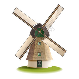 荷兰传统风车风车彩绘颜色传统的旧风车建筑单物色彩绘孤立矢量插图插画