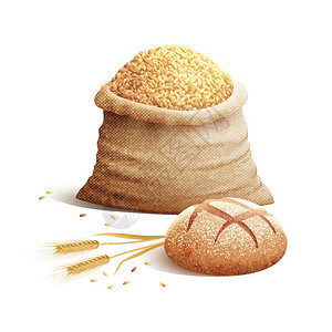 燕麦包包谷物的三维包小麦穗袋谷物谷类与阴影三维颜色矢量插图插画