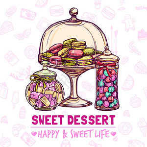 糖果店海报与糖果饼干马卡龙素描矢量插图糖果店海报图片