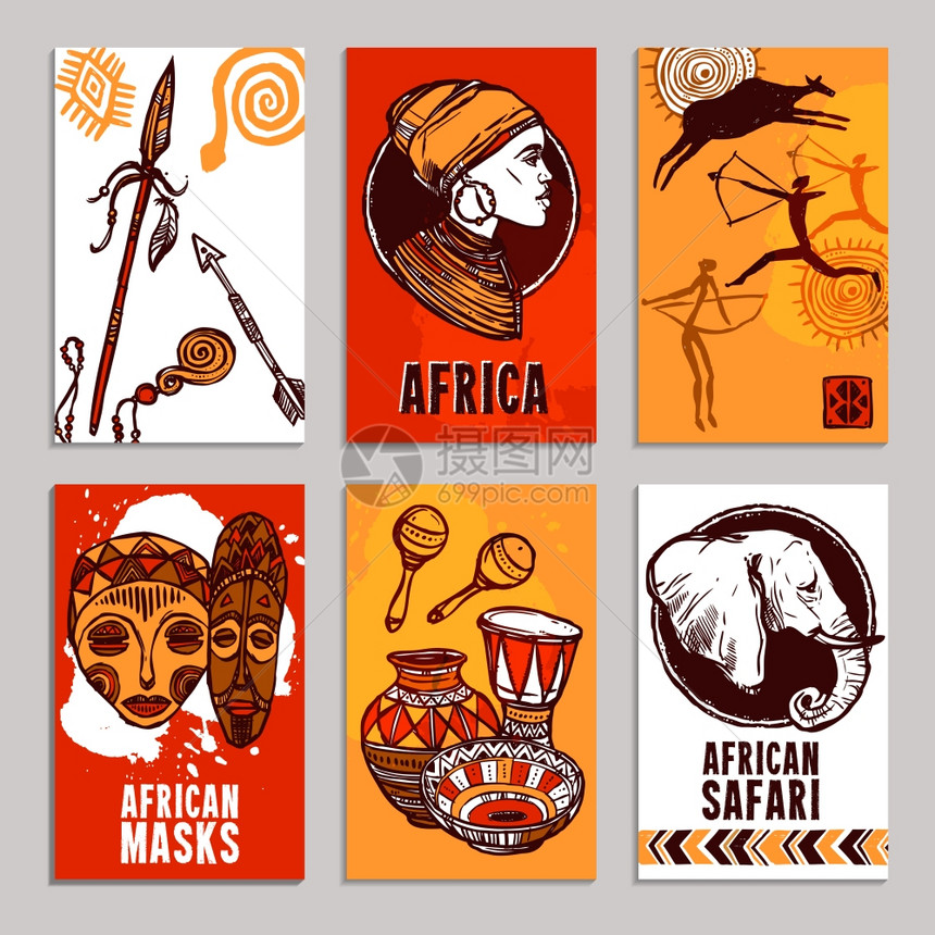 非洲海报狩猎具素描元素矢量插图非洲海报套装图片