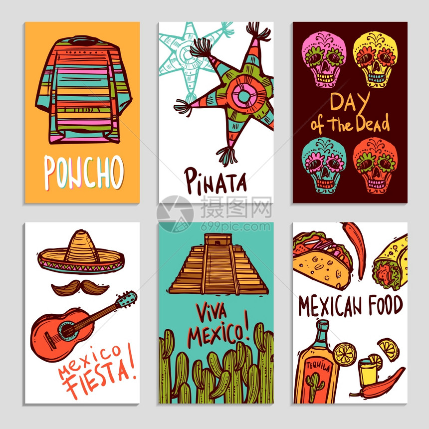 墨西哥海报与手绘披风食品元素孤立矢量插图墨西哥海报套装图片