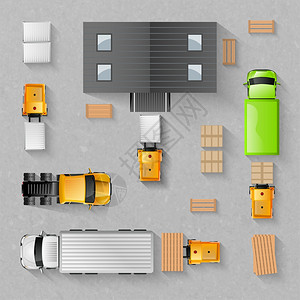仓库与顶部视图卡车建筑物孤立矢量插图仓库顶部视图图片