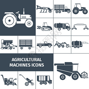 机械耕作农业机械黑白图标农业机械黑白方形图标与农业设备运输平孤立矢量插图插画