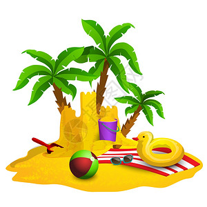 太阳镜沙滩球海滩休息背景海滩休息背景与沙堡球棕榈卡通矢量插图插画