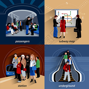 乘坐扶梯地铁4平图标方形成地下火车站地铁线路示意图4平图标广场横幅抽象孤立矢量插图插画