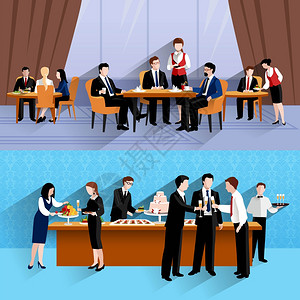 人晚餐商务人员午餐2横幅成商务人员午餐工作中,两个横向横幅成公司Cantina自助餐抽象孤立矢量插图插画