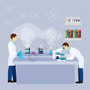 分子结果化学实验室科学研究平海报化学实验室研究试管平图标海报与两名科学家实验室外套抽象矢量插图插画