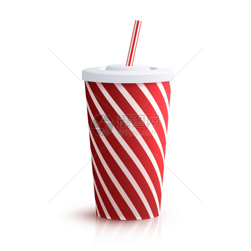 红色条纹红色条纹纸璃与饮用吸管分离白色背景矢量插图可乐条纹璃图片