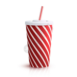 红色杯子素材红色条纹红色条纹纸璃与饮用吸管分离白色背景矢量插图可乐条纹璃插画