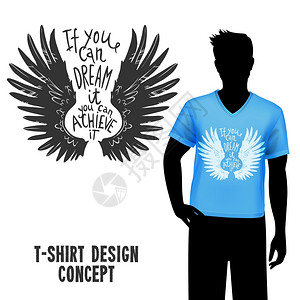男身材蓝色t恤与草图翅膀刻字矢量插图带刻字的t恤图片