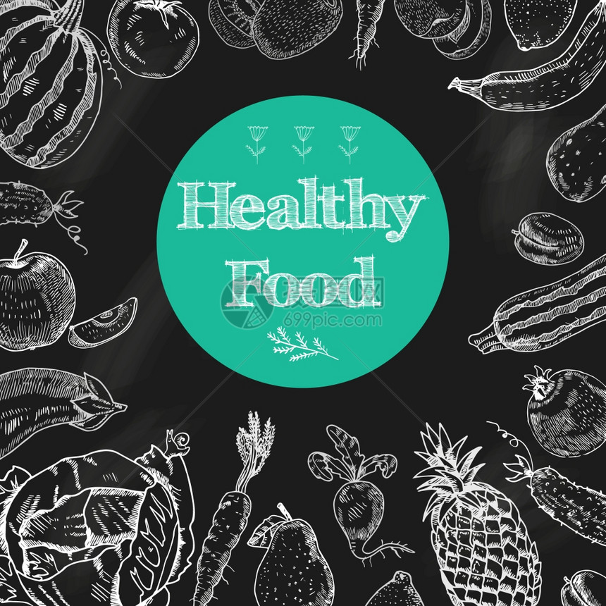 健康食品黑板背景健康食品饮食黑板背景与水果蔬菜安排白色粉笔涂鸦抽象矢量插图图片
