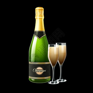 法国香槟香槟瓶插图香槟瓶两杯黑色背景写实矢量插图插画
