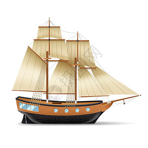 帆船插图木制帆船与两个桅杆广场帆现实矢量插图高清图片