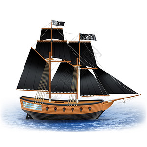 左舷海盗船插图木制海盗船与黑色帆欢乐罗杰旗海上现实矢量插图插画