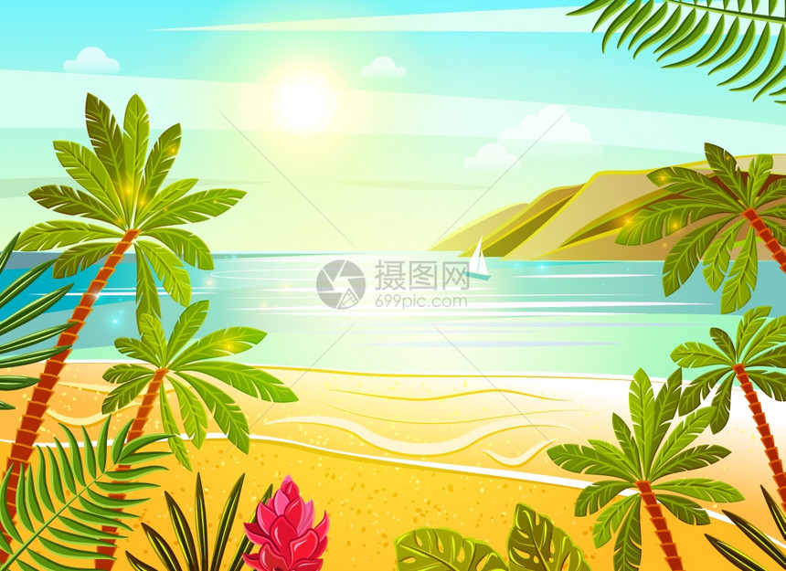 热带海滩平海报印刷热带海滩异国情调的暑假旅行海报与海景棕榈花卉平抽象矢量插图图片